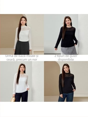 Pulover tricotat cu textură plasă, guler semi-turtleneck, mâneci lungi, grosime medie, pentru femei, iarna 2024