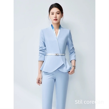 Costum de birou pentru femei din două piese, toamnă 2024, țesătură poliester, 90–95% fibre de poliester, fustă midi, mâneci lungi