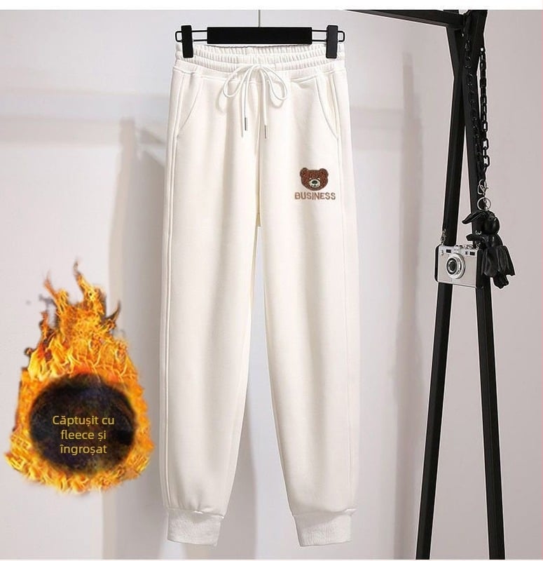 Pantaloni trening dama cu imprimeu urs, căptușiți cu fleece, lungime gleznă, talie înaltă, amestec poliester-elastan
