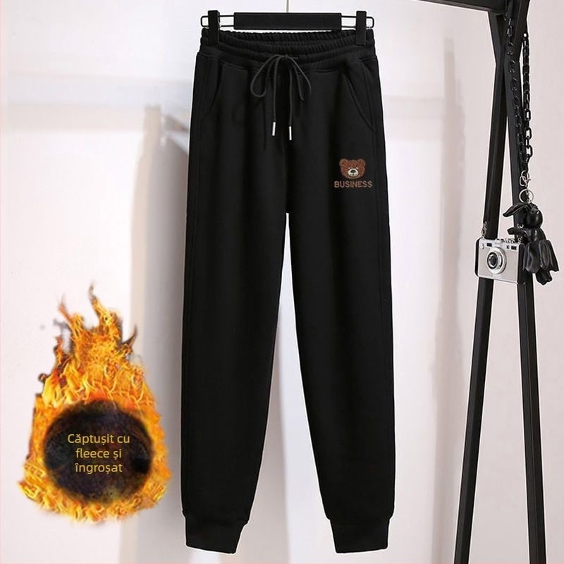 Pantaloni trening dama cu imprimeu urs, căptușiți cu fleece, lungime gleznă, talie înaltă, amestec poliester-elastan