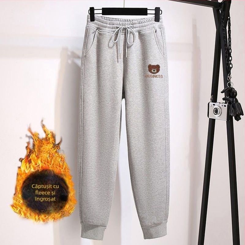 Pantaloni trening dama cu imprimeu urs, căptușiți cu fleece, lungime gleznă, talie înaltă, amestec poliester-elastan