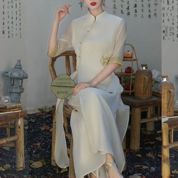 Rochie cheongsam retro cu parfum chinezesc, brodată, lungime midi, din bumbac-poliester, spandex 50–70%, Primăvara 2025