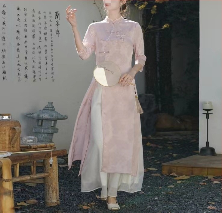 Rochie cheongsam retro cu parfum chinezesc, brodată, lungime midi, din bumbac-poliester, spandex 50–70%, Primăvara 2025