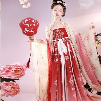 Set Hanfu: top cu mâneci largi și fustă cu broderie în stil Tang, Batik, fibră de etilenă cu elastan 70–80%, vară 2023