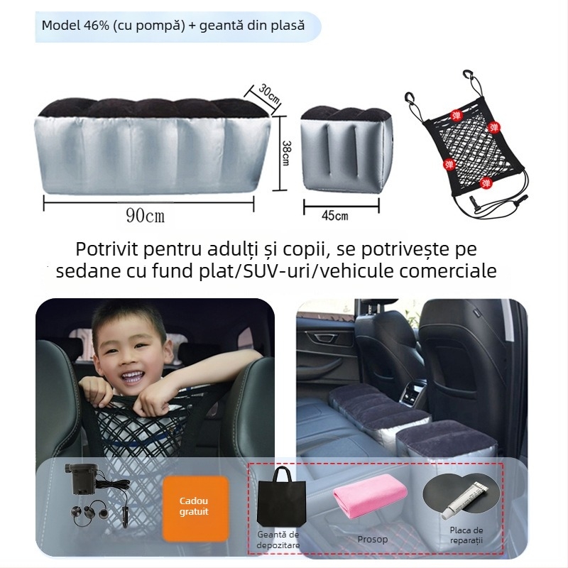 Saltea gonflabilă pentru partea din spate a mașinii - călătorii, umflare rapidă, potrivire universală, PVC cu țesătură velur, încărcare maximă 150 kg