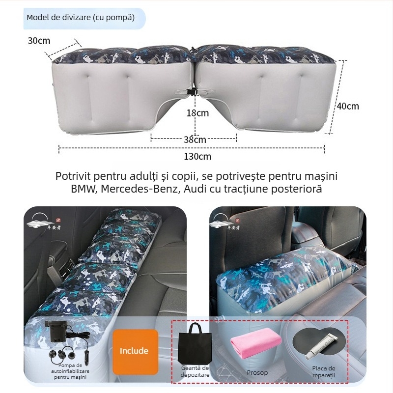 Saltea gonflabilă pentru partea din spate a mașinii - călătorii, umflare rapidă, potrivire universală, PVC cu țesătură velur, încărcare maximă 150 kg