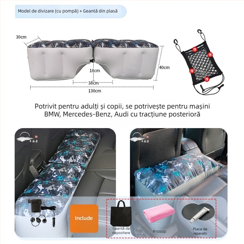 Saltea gonflabilă pentru partea din spate a mașinii - călătorii, umflare rapidă, potrivire universală, PVC cu țesătură velur, încărcare maximă 150 kg