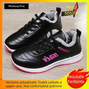Pantofi sport pentru femei cu partea superioară din piele și căptușeală din blană, vârf rotund, toc mic 1–3 cm, șireturi, talpă injectată