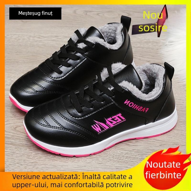 Pantofi sport pentru femei cu partea superioară din piele și căptușeală din blană, vârf rotund, toc mic 1–3 cm, șireturi, talpă injectată