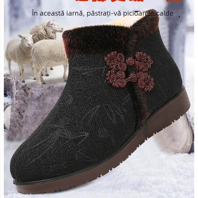 Pantofi de iarnă pentru femei Old Beijing din țesătură de bumbac, înălțime înaltă, fermoar lateral, căptușeală din lână, talpă din material compozit