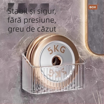 Organizator de cosmetic de perete pentru baie, fără găuri, din plastic, design modern (Montaj: fără găuri; Material: plastic; Model: coș de depozitare pentru perete-baie; Greutate: 1 kg)