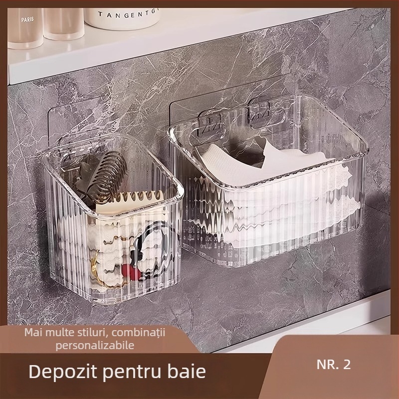 Organizator de cosmetic de perete pentru baie, fără găuri, din plastic, design modern (Montaj: fără găuri; Material: plastic; Model: coș de depozitare pentru perete-baie; Greutate: 1 kg)