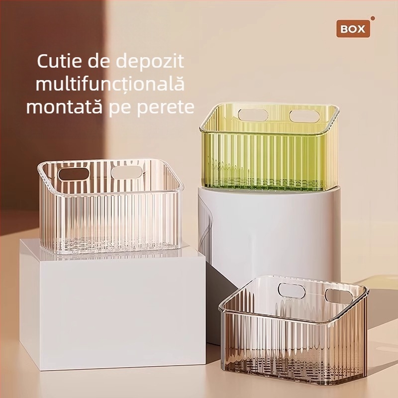 Organizator de cosmetic de perete pentru baie, fără găuri, din plastic, design modern (Montaj: fără găuri; Material: plastic; Model: coș de depozitare pentru perete-baie; Greutate: 1 kg)