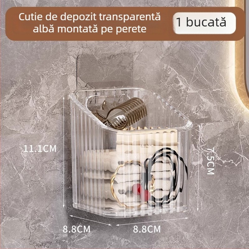 Organizator de cosmetic de perete pentru baie, fără găuri, din plastic, design modern (Montaj: fără găuri; Material: plastic; Model: coș de depozitare pentru perete-baie; Greutate: 1 kg)