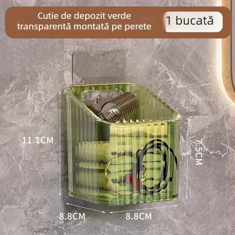 Organizator de cosmetic de perete pentru baie, fără găuri, din plastic, design modern (Montaj: fără găuri; Material: plastic; Model: coș de depozitare pentru perete-baie; Greutate: 1 kg)