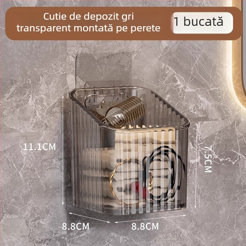 Organizator de cosmetic de perete pentru baie, fără găuri, din plastic, design modern (Montaj: fără găuri; Material: plastic; Model: coș de depozitare pentru perete-baie; Greutate: 1 kg)