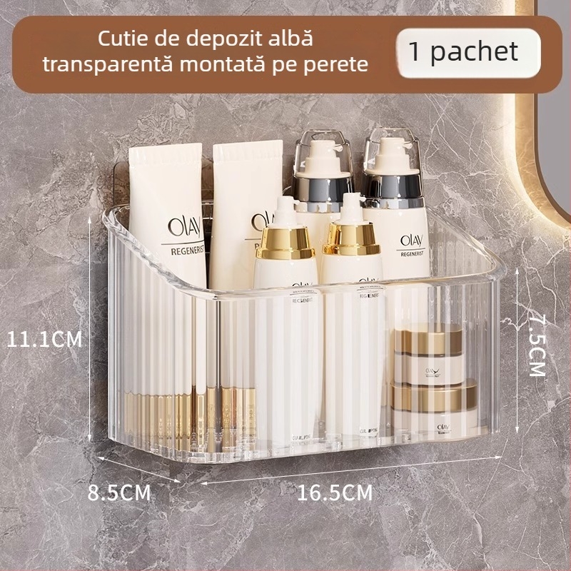 Organizator de cosmetic de perete pentru baie, fără găuri, din plastic, design modern (Montaj: fără găuri; Material: plastic; Model: coș de depozitare pentru perete-baie; Greutate: 1 kg)