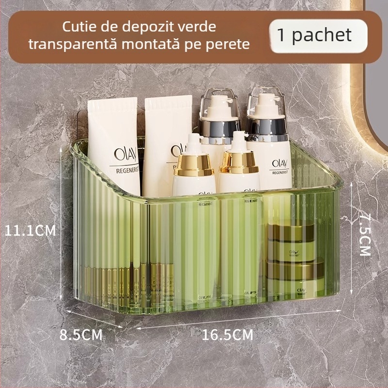 Organizator de cosmetic de perete pentru baie, fără găuri, din plastic, design modern (Montaj: fără găuri; Material: plastic; Model: coș de depozitare pentru perete-baie; Greutate: 1 kg)
