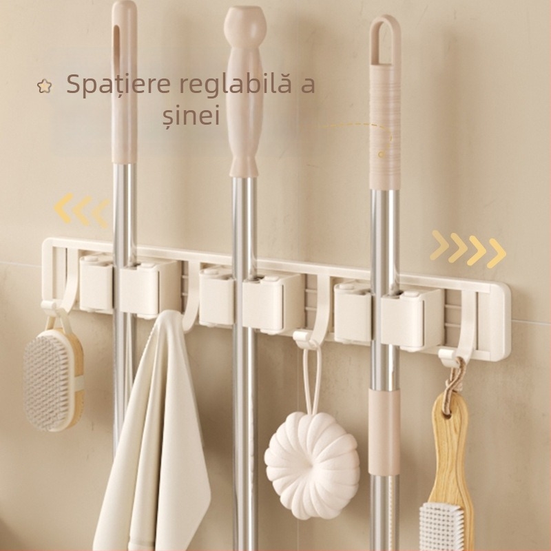 Suport mural Crown Toon pentru mop și mătură, material: aluminiu spațial și plastic, montaj fără găuri, depozitare a mâinilor de mătură, finisaj spray plastic, greutate 0,3 kg