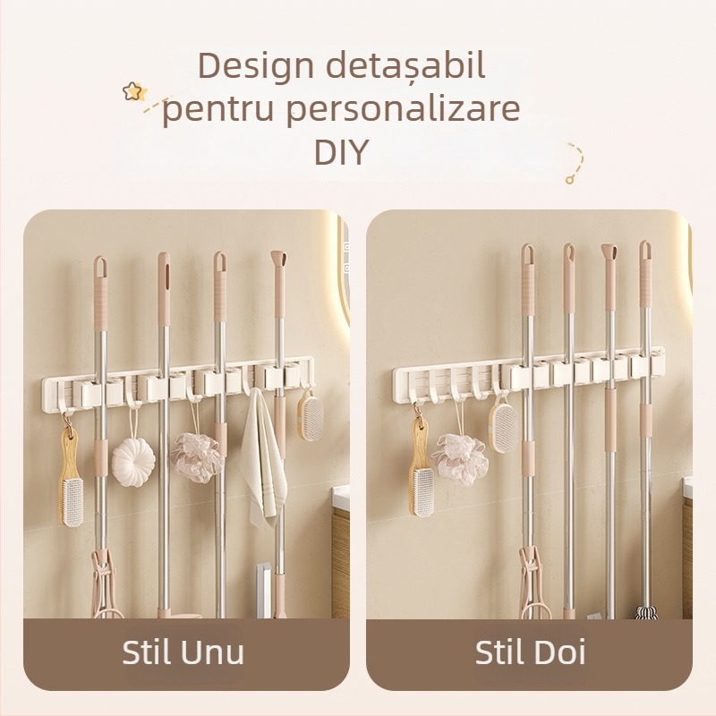 Suport mural Crown Toon pentru mop și mătură, material: aluminiu spațial și plastic, montaj fără găuri, depozitare a mâinilor de mătură, finisaj spray plastic, greutate 0,3 kg