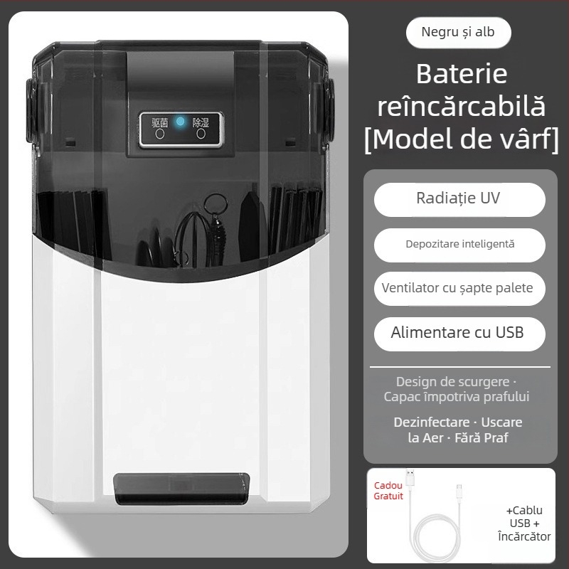 Suport pentru bețișoare cu dezinfectare și uscare, montaj pe perete, material PP (Material: PP; Montaj: pe perete; Funcții: dezinfectare și uscare; Protecție împotriva prafului)