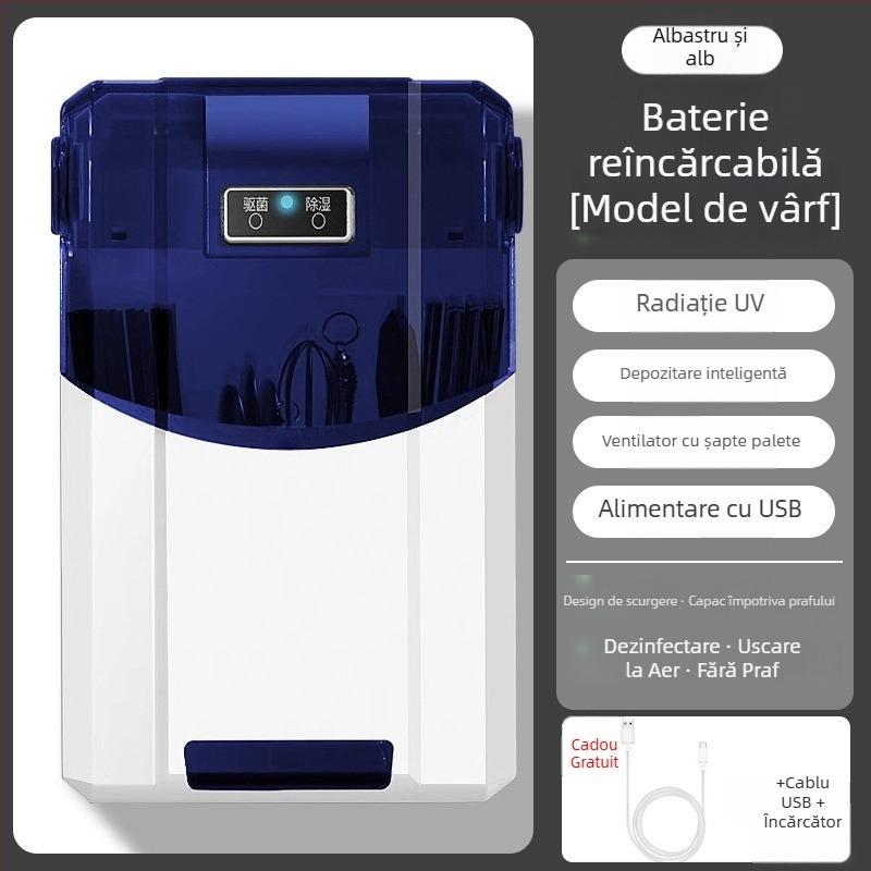 Suport pentru bețișoare cu dezinfectare și uscare, montaj pe perete, material PP (Material: PP; Montaj: pe perete; Funcții: dezinfectare și uscare; Protecție împotriva prafului)