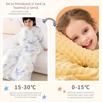 Sac de dormit pentru copii, toate anotimpurile, cu pătură anti-kick, țesătură din bumbac 100%, greutate 0,55–1,0 kg, umplutură: mătase și bumbac, design cartoon cald