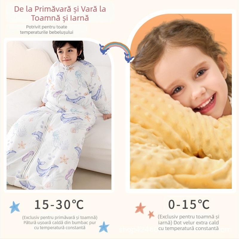 Sac de dormit pentru copii, toate anotimpurile, cu pătură anti-kick, țesătură din bumbac 100%, greutate 0,55–1,0 kg, umplutură: mătase și bumbac, design cartoon cald