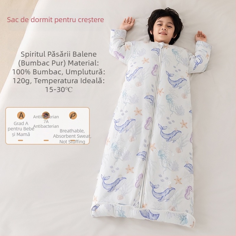 Sac de dormit pentru copii, toate anotimpurile, cu pătură anti-kick, țesătură din bumbac 100%, greutate 0,55–1,0 kg, umplutură: mătase și bumbac, design cartoon cald