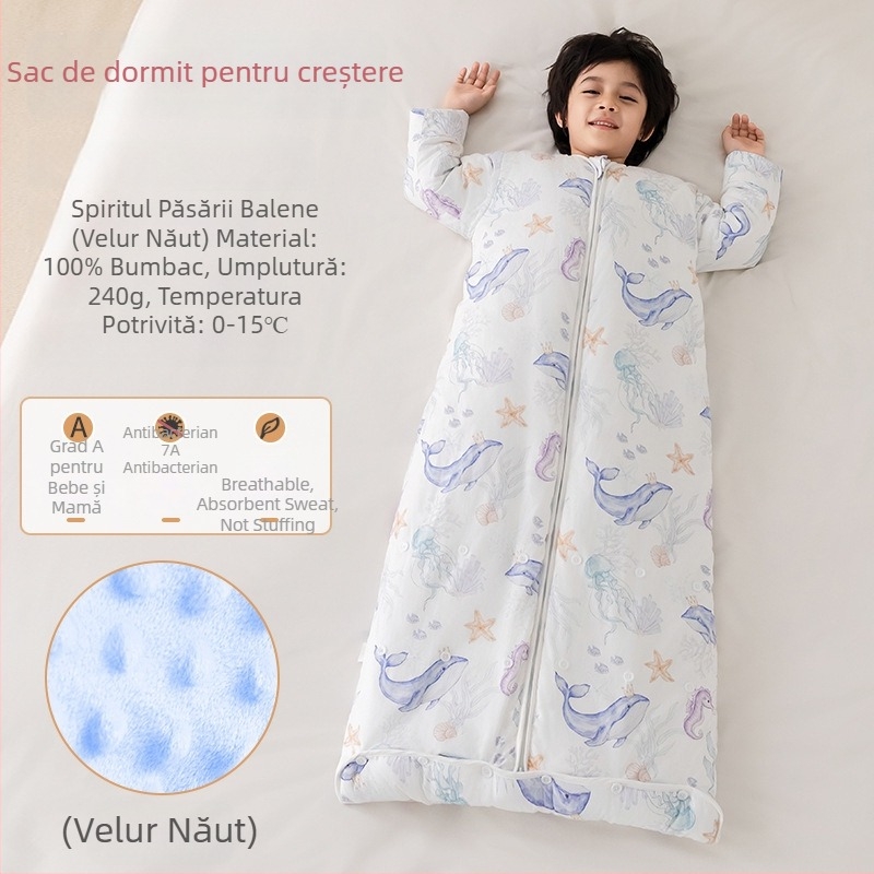 Sac de dormit pentru copii, toate anotimpurile, cu pătură anti-kick, țesătură din bumbac 100%, greutate 0,55–1,0 kg, umplutură: mătase și bumbac, design cartoon cald