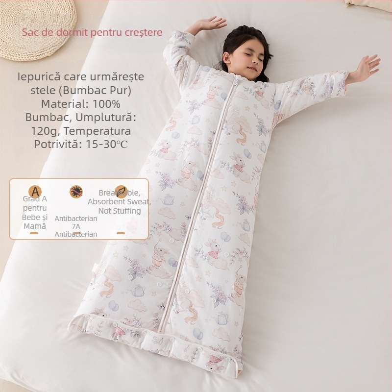 Sac de dormit pentru copii, toate anotimpurile, cu pătură anti-kick, țesătură din bumbac 100%, greutate 0,55–1,0 kg, umplutură: mătase și bumbac, design cartoon cald