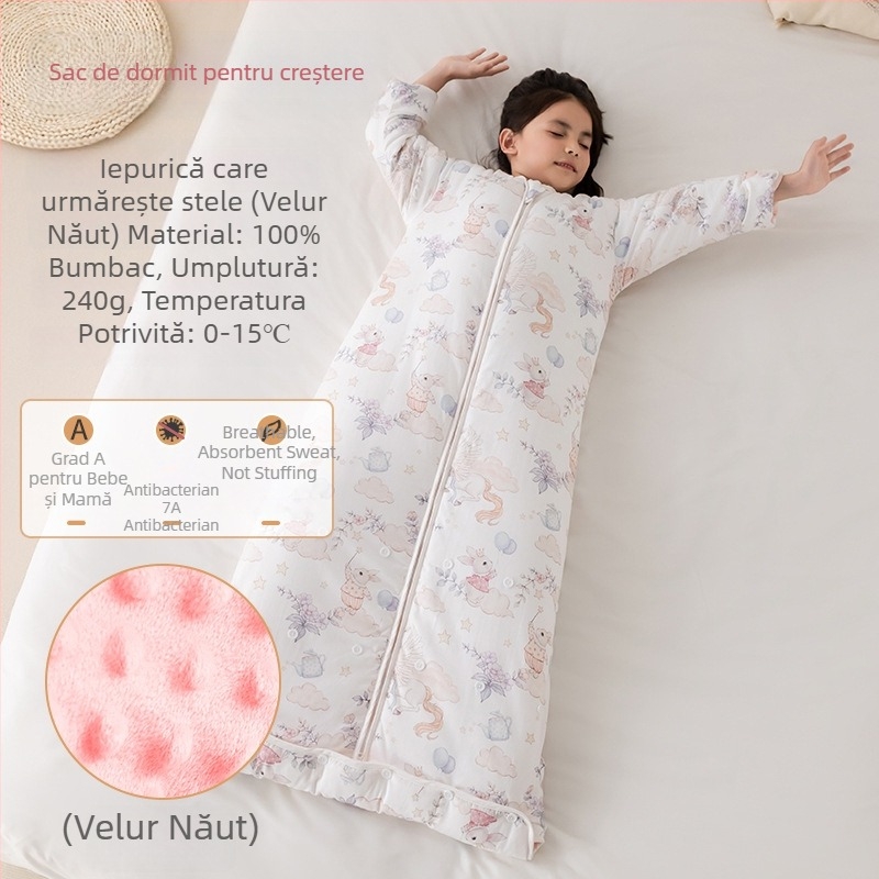 Sac de dormit pentru copii, toate anotimpurile, cu pătură anti-kick, țesătură din bumbac 100%, greutate 0,55–1,0 kg, umplutură: mătase și bumbac, design cartoon cald