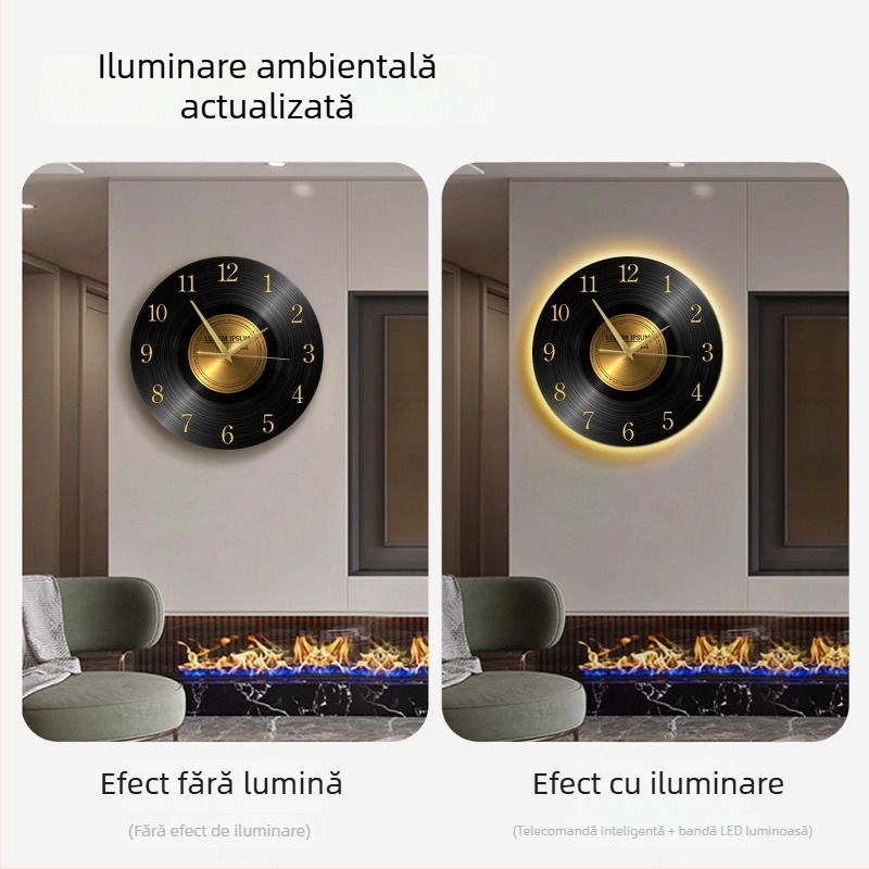 Ceas de perete cu design retro pe disc de vinil, stil antic, formă circulară, cadran din lemn, mișcare silențioasă
