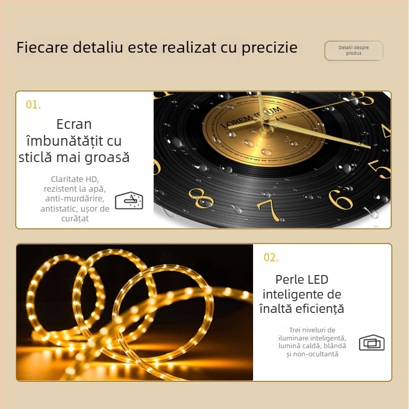 Ceas de perete cu design retro pe disc de vinil, stil antic, formă circulară, cadran din lemn, mișcare silențioasă