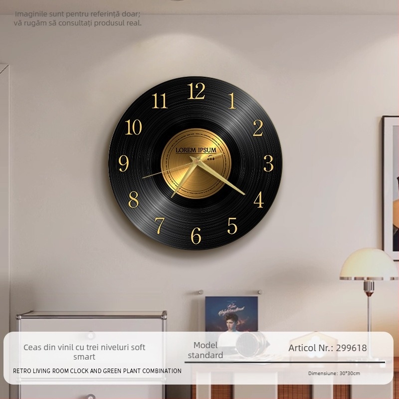 Ceas de perete cu design retro pe disc de vinil, stil antic, formă circulară, cadran din lemn, mișcare silențioasă