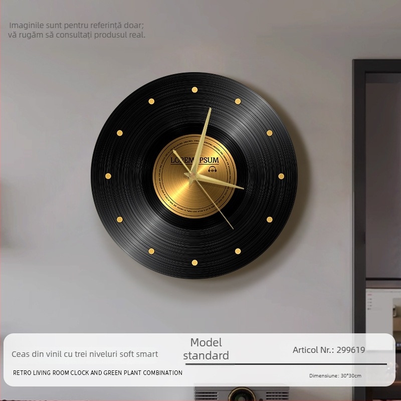 Ceas de perete cu design retro pe disc de vinil, stil antic, formă circulară, cadran din lemn, mișcare silențioasă