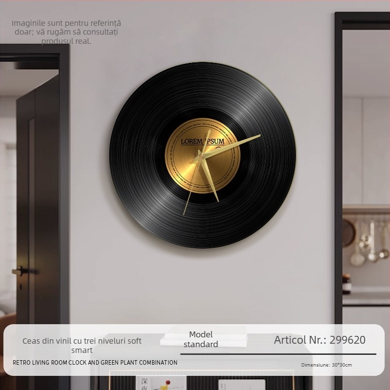 Ceas de perete cu design retro pe disc de vinil, stil antic, formă circulară, cadran din lemn, mișcare silențioasă