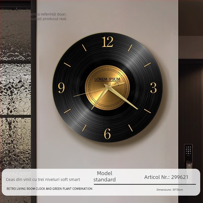 Ceas de perete cu design retro pe disc de vinil, stil antic, formă circulară, cadran din lemn, mișcare silențioasă