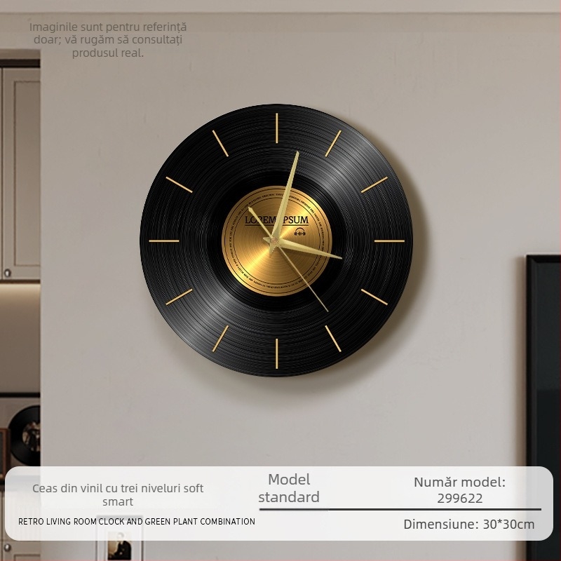 Ceas de perete cu design retro pe disc de vinil, stil antic, formă circulară, cadran din lemn, mișcare silențioasă