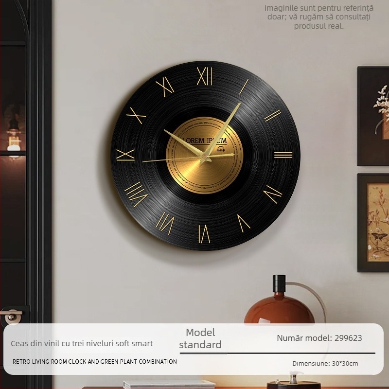 Ceas de perete cu design retro pe disc de vinil, stil antic, formă circulară, cadran din lemn, mișcare silențioasă