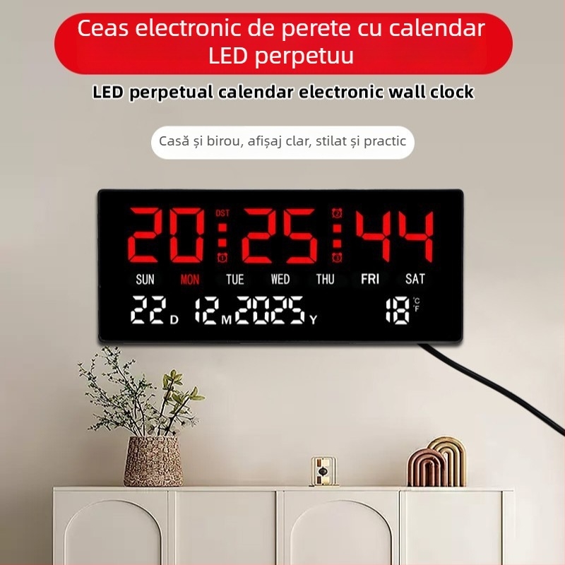 Ceas de perete cu afișaj LED digital, termometru, calendar perpetuu, afișaj săptămânal și lunar