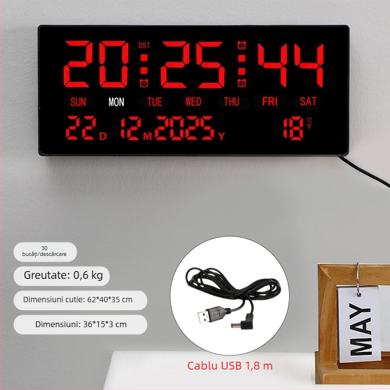 Ceas de perete cu afișaj LED digital, termometru, calendar perpetuu, afișaj săptămânal și lunar