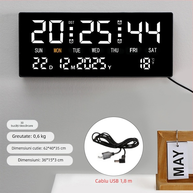 Ceas de perete cu afișaj LED digital, termometru, calendar perpetuu, afișaj săptămânal și lunar
