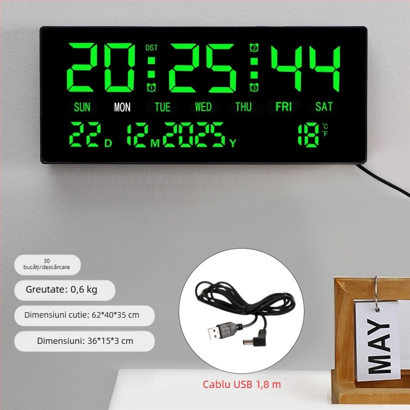 Ceas de perete cu afișaj LED digital, termometru, calendar perpetuu, afișaj săptămânal și lunar