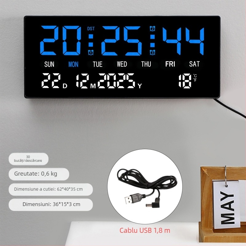 Ceas de perete cu afișaj LED digital, termometru, calendar perpetuu, afișaj săptămânal și lunar