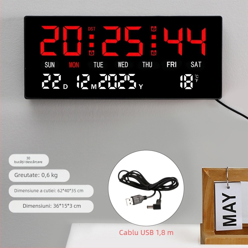 Ceas de perete cu afișaj LED digital, termometru, calendar perpetuu, afișaj săptămânal și lunar