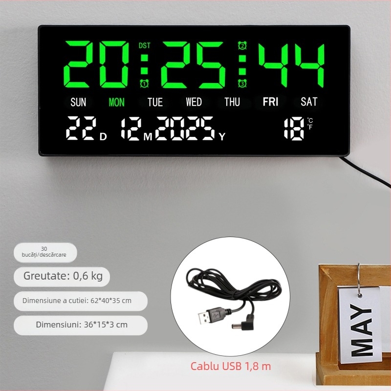 Ceas de perete cu afișaj LED digital, termometru, calendar perpetuu, afișaj săptămânal și lunar