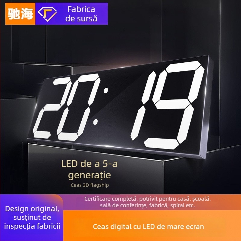 Ceas de perete LED cu afișaj digital, formă dreptunghiulară, termometru, calendar și alarmă