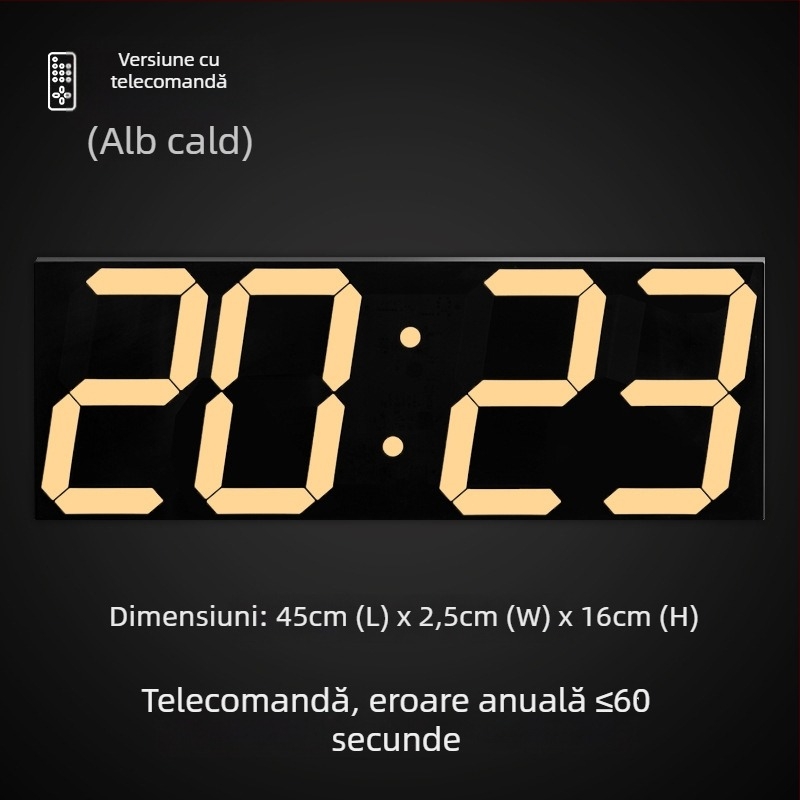 Ceas de perete LED cu afișaj digital, formă dreptunghiulară, termometru, calendar și alarmă