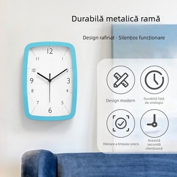 Ceas de perete MX613BL-6168S — dreptunghiular, mișcare sweep a secundelor, carcasă metalică, cadran din hârtie acoperită, alimentat cu baterie